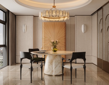 现代轻奢家居餐厅 别墅餐厅 圆桌餐厅 餐桌椅 玻璃门 餐边柜3d模型