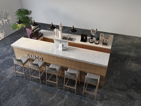 现代风格吧台_吧椅_吊灯_长桌椅su模型