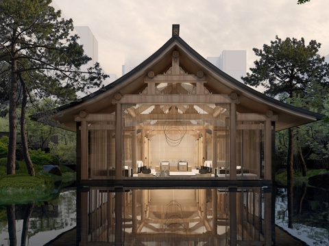 新中式风格建筑 中式榫卯建筑 木结构建筑su模型