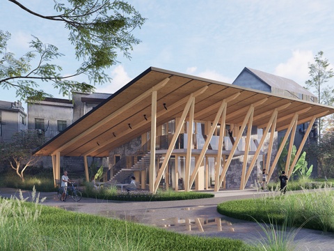 现代原木木屋 特色乡建 乡村工坊 坡屋顶建筑su模型su模型