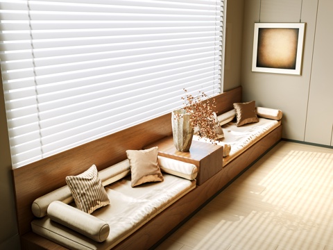  现代卡座沙发 飘窗柜 坐垫 中古风坐垫 沙发卡 百叶帘 窗帘su模型 