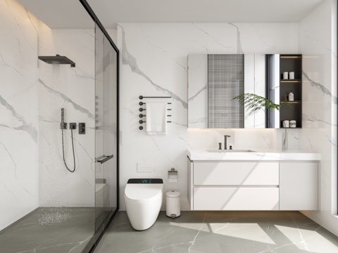  现代卫生间 干湿分离卫生间 卫浴柜 卫浴用品 奶油风卫生间su模型su模型 