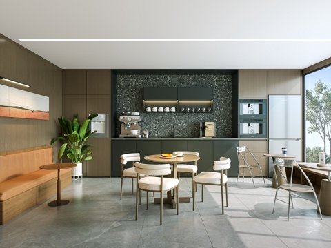 现代办公茶水间 饮水机 水吧台 卡座沙发 休闲区 洽谈桌椅su模型