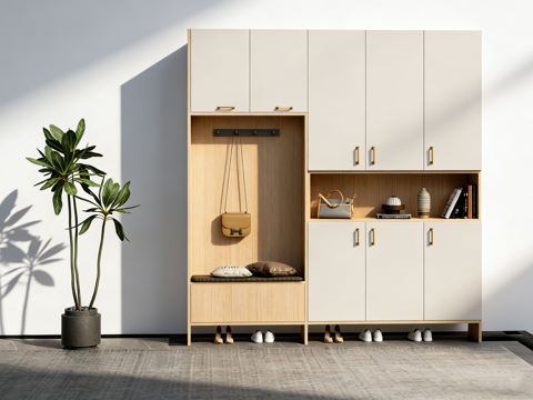 现代简约玄关  软包储物换鞋凳 穿鞋凳 鞋柜 棕色皮质手提包su模型