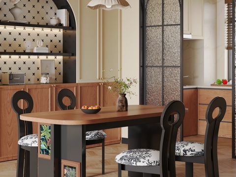  法式美式复古中古风长板凳餐桌椅组合餐厅3d模型 