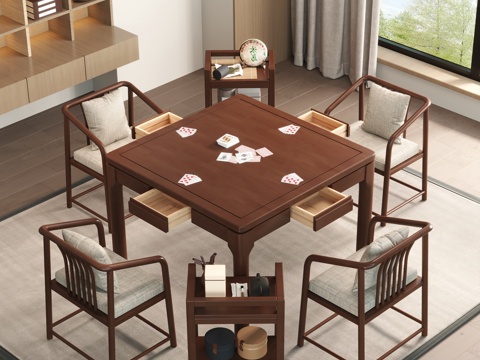  中式胡桃色棋牌桌象棋台娱乐桌棋牌室3d模型 