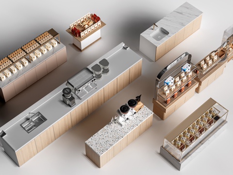 现代咖啡吧台 甜品店货架 收银台 服务台su模型