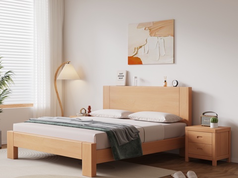  现代北欧奶油风实木双人床床品床头柜家具卧室主卧3d模型 