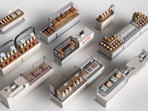 现代咖啡吧台 甜品店货架 收银台 服务台su模型