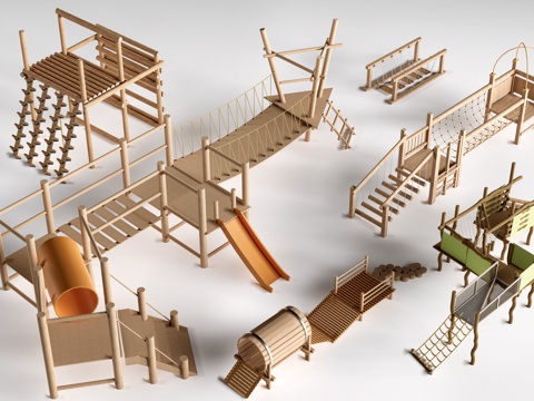 现代户外儿童游乐设施 无动力游乐设施 乡村研学游乐设施su模型