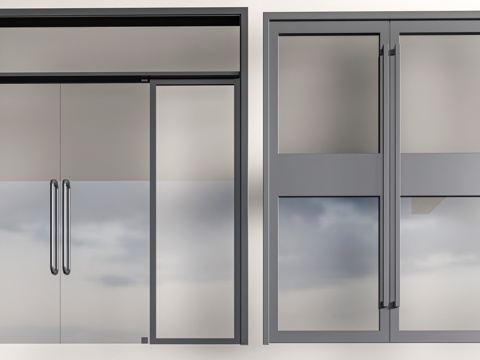 现代店铺玻璃门 咖啡厅门 奶茶店玻璃门 玻璃双开门su模型