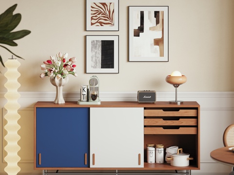 现代中古风奶油风餐边柜实木收纳柜储物柜家具餐厅3d模型