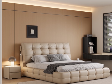  现代意式双人床真皮软包床床头柜台灯卧室主卧3d模型 