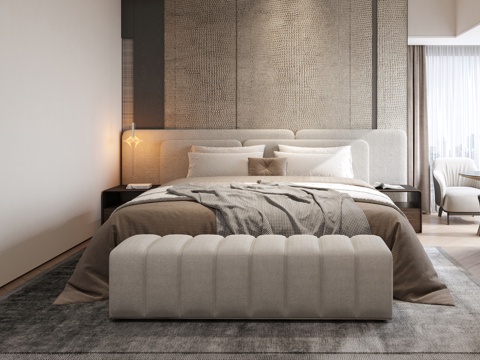 现代意式双人床 米诺提双人床 床头柜 意式卧室 主人房su模型