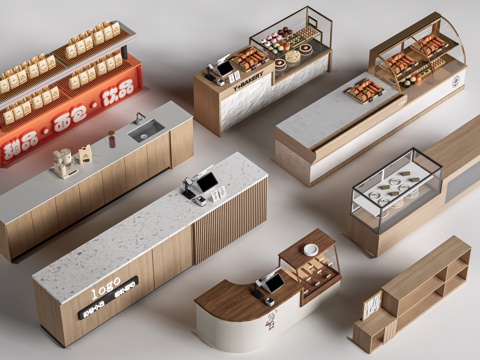 现代咖啡吧台 甜品店货架 收银台 服务台su模型