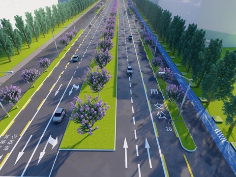 现代市政道路景观 十字路口 斑马线 道路标识su模型