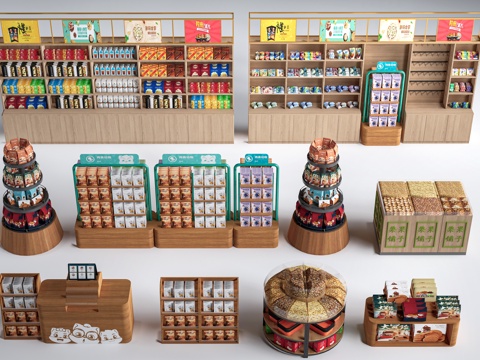 现代超市货架 零食店货架 置物架 文创展架su模型