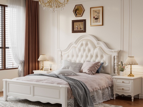  法式美式双人床软包床床头柜床品台灯卧室主卧3d模型 