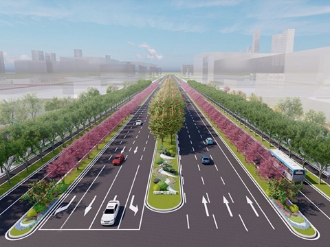 现代道路 道路景观 十字路口 马路景观su模型