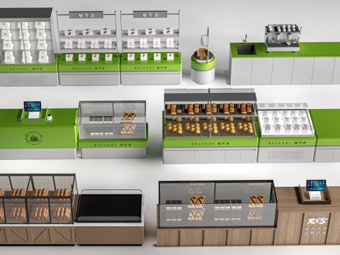 现代咖啡吧台 甜品店货架 收银台 服务台su模型