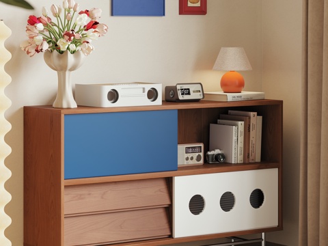 现代中古风奶油风实木储物柜餐边柜收纳柜餐厅客厅3d模型