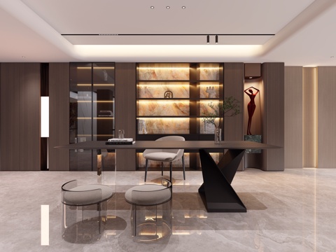  意式书房 地下室 装饰柜 办公书桌3d模型 