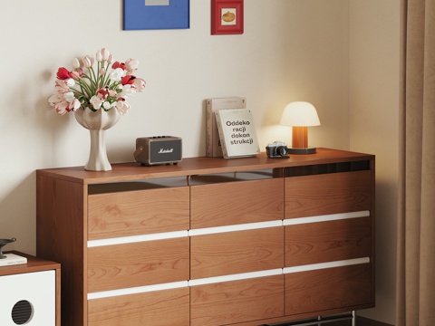  现代中古风奶油风实木储物柜电视边柜收纳柜客厅餐厅3d模型 