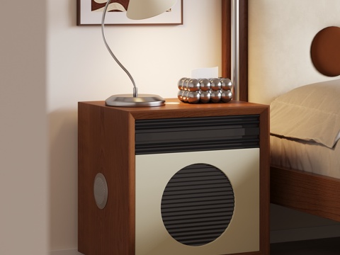  现代中古风奶油风实木床头柜台灯挂画摆件卧室主卧3d模型 