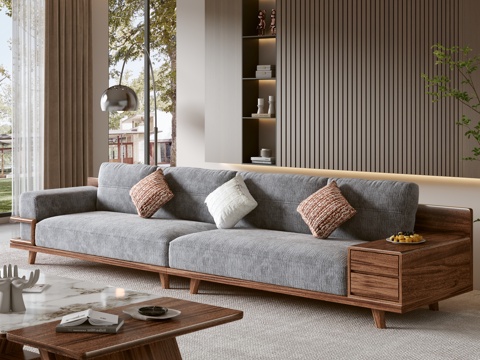  现代简约意式新中式实木双人沙发茶几组合抱枕客厅3d模型 