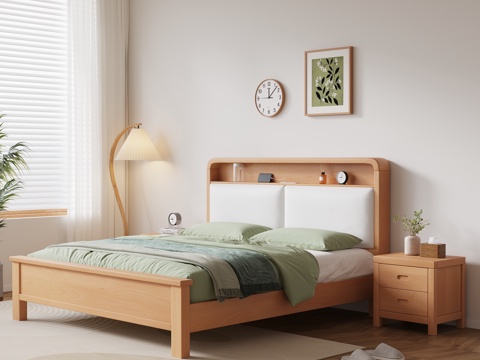  现代北欧奶油风实木双人床软包床床头柜落地灯挂画家具卧室主卧3d模型 