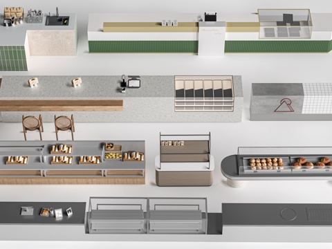 现代咖啡吧台 甜品店货架 收银台 服务台su模型