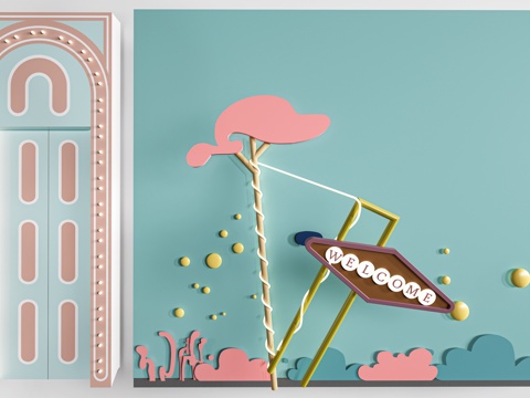 现代儿童背景墙 儿童文化墙 幼儿园背景墙su模型