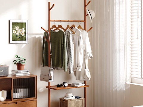  现代移动衣帽架 落地移动挂衣架 中古风移动衣帽架3d模型 