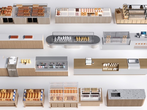 现代咖啡吧台 甜品店货架 收银台 服务台su模型