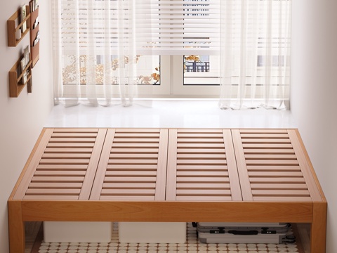  现代北欧奶油风实木双人床榻榻米地毯拖鞋卧室3d模型 