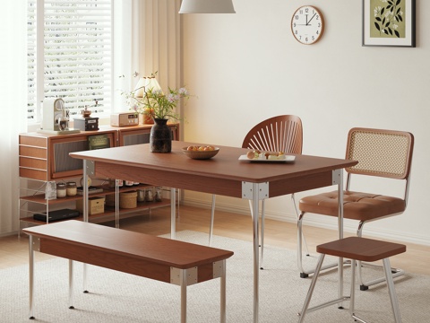  现代中古风实木餐桌椅组合储物柜家具餐厅3d模型 