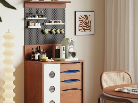  现代中古风奶油风餐边柜实木收纳柜储物柜家具餐厅3d模型 