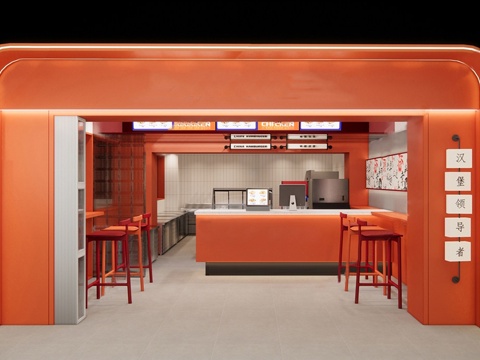 现代快餐店 吧台 餐饮门头 餐桌椅su模型