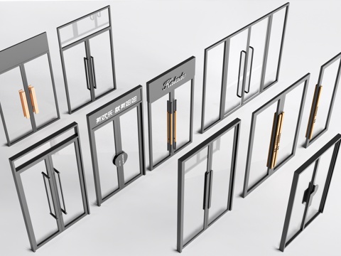 现代店铺玻璃门 咖啡厅门 奶茶店玻璃门 玻璃双开门su模型