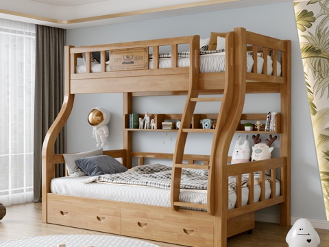  现代北欧奶油风实木儿童床上下床儿童房家具卧室3d模型 