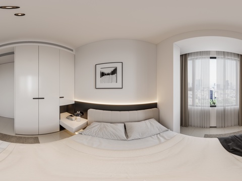  现代卧室 双人床 衣柜 窗帘 