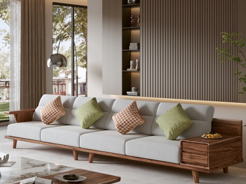 现代简约意式新中式实木双人沙发茶几组合抱枕客厅3d模型