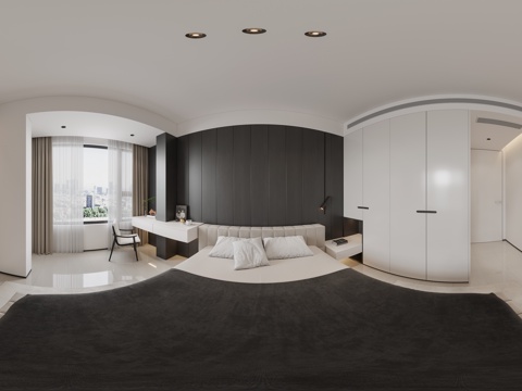  现代卧室 双人床 梳妆台 衣柜 窗帘 