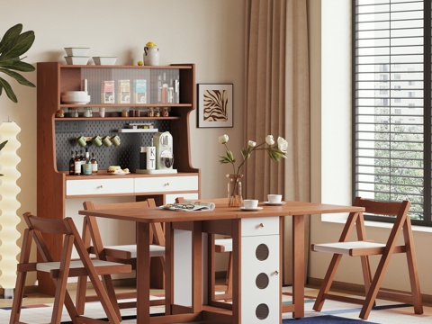  现代中古风实木餐桌椅组合餐边柜家具餐厅3d模型 