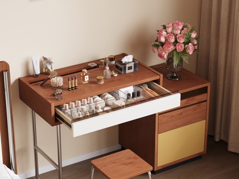  现代中古风奶油风实木梳妆台梳妆凳化妆品率摆件卧室主卧3d模型 