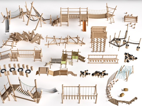 现代户外儿童游乐设施 无动力游乐设施 乡村研学游乐设施su模型