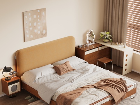  现在中古风奶油风实木床软包双人床梳妆台床头柜床品卧室主卧3d模型 