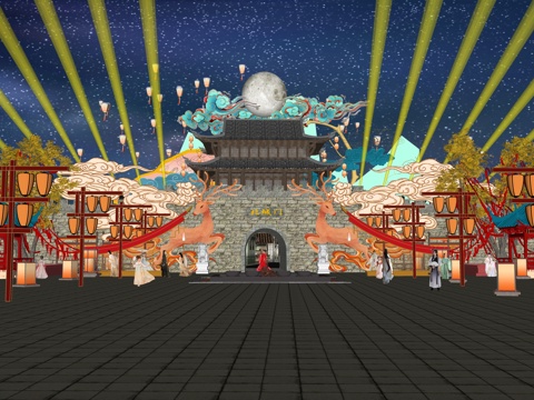  网红打卡国潮古风非遗文化中秋节su模型 