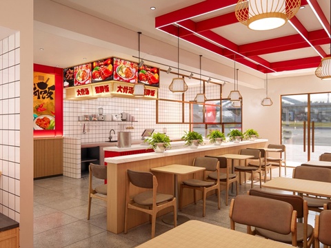 新中式快餐店 面馆 隆江猪脚饭 餐桌椅组合 餐饮吧台su模型