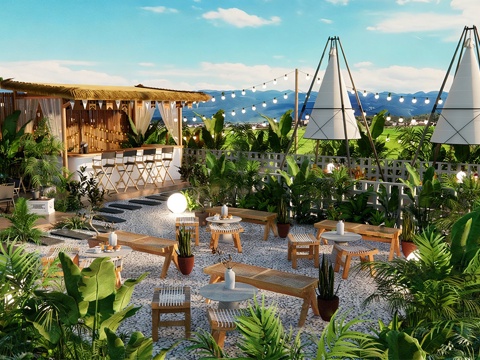 现代露营庭院景观  花园家庭乡村景观 农家乐外摆 餐饮外摆su模型